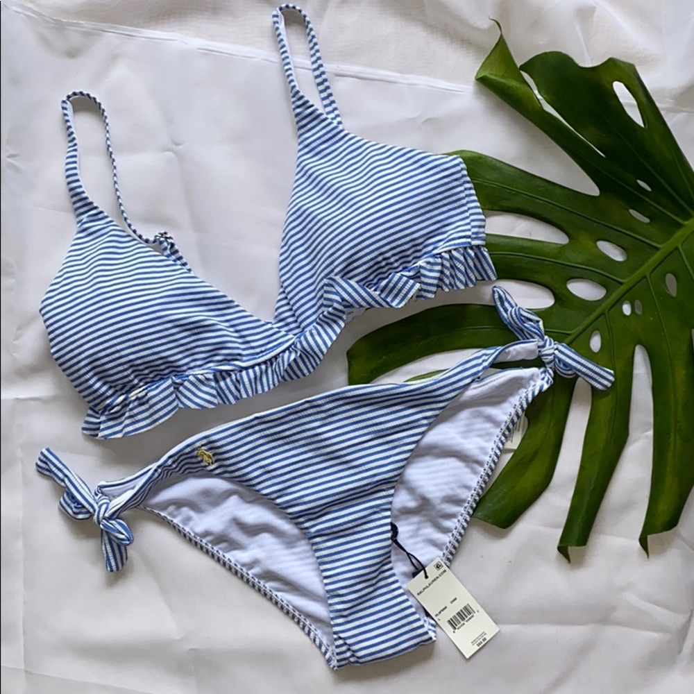 NWT RALPH LAUREN SEERSUCKER RUFFLED SWIMSUIT LARGE